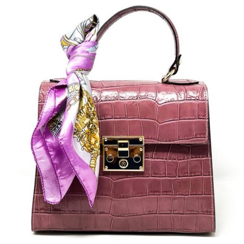 ITALIAN LEATHER CROC EMBOSSED BAG HANDBAG with SILK SCARF- MADE IN ITALY
